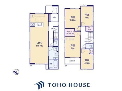 18.7帖の広々LDKと、2階に4つの洋室を備えた4LDKの間取りです。収納力のあるウォークインクローゼットや各室の収納、2箇所のトイレも完備。ゆとりある空間で家族が快適に暮らせる魅力的な住まいです。